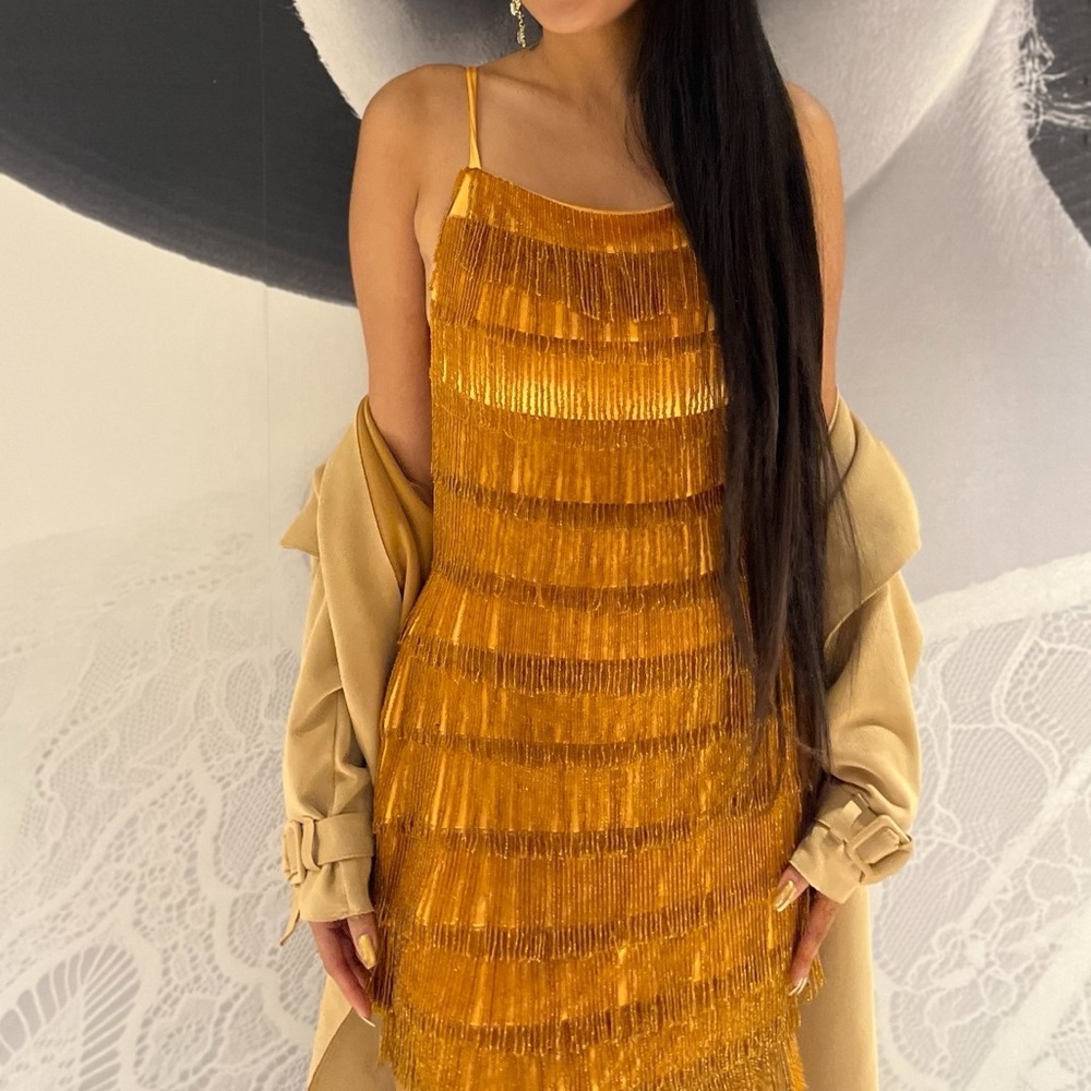 Geebin Flores Gold Beaded Dress, size Small